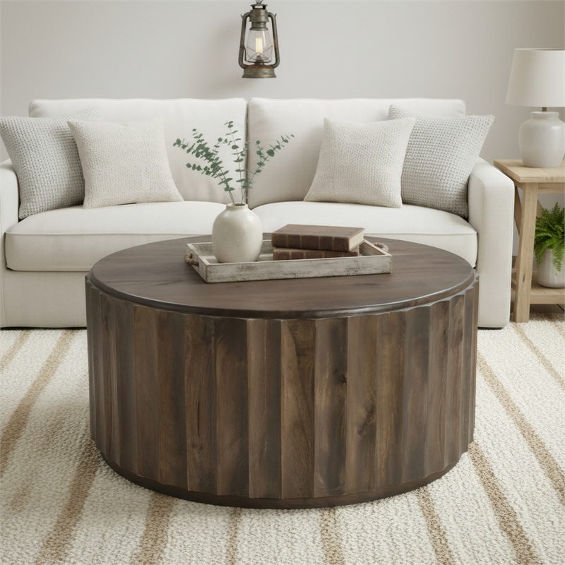 Taran Designs Lark Round Solid Wood Coffee Table in Dark Brown