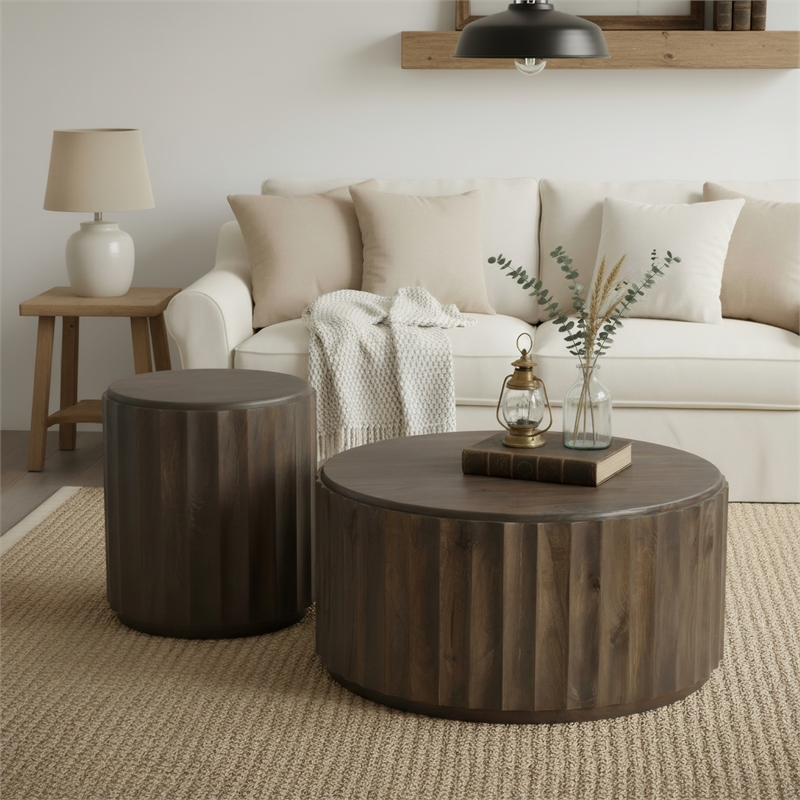 Taran Designs Lark Round Solid Wood Coffee Table in Dark Brown