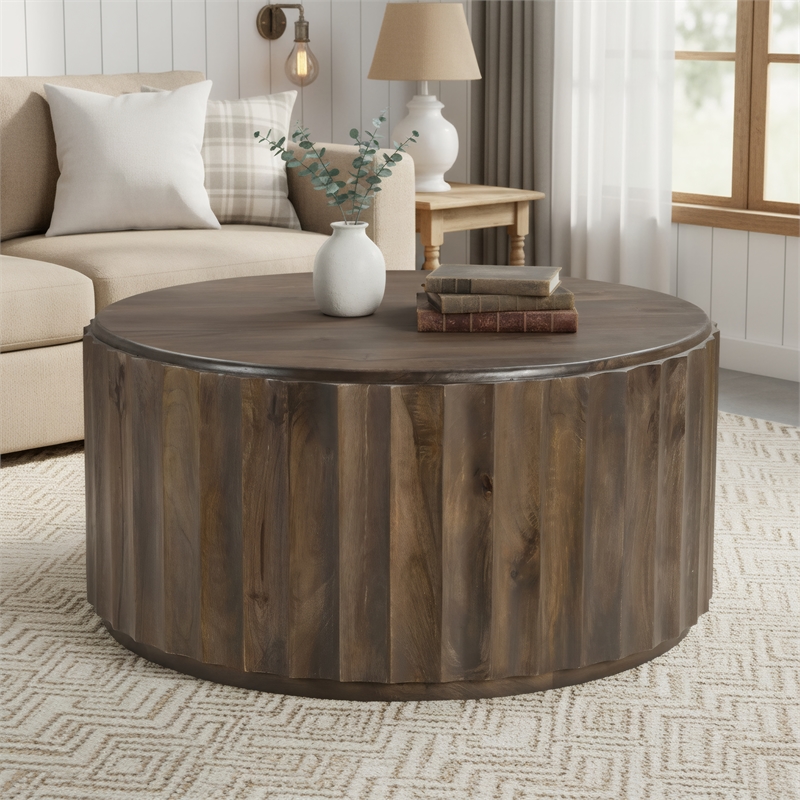 Taran Designs Lark Round Solid Wood Coffee Table in Dark Brown