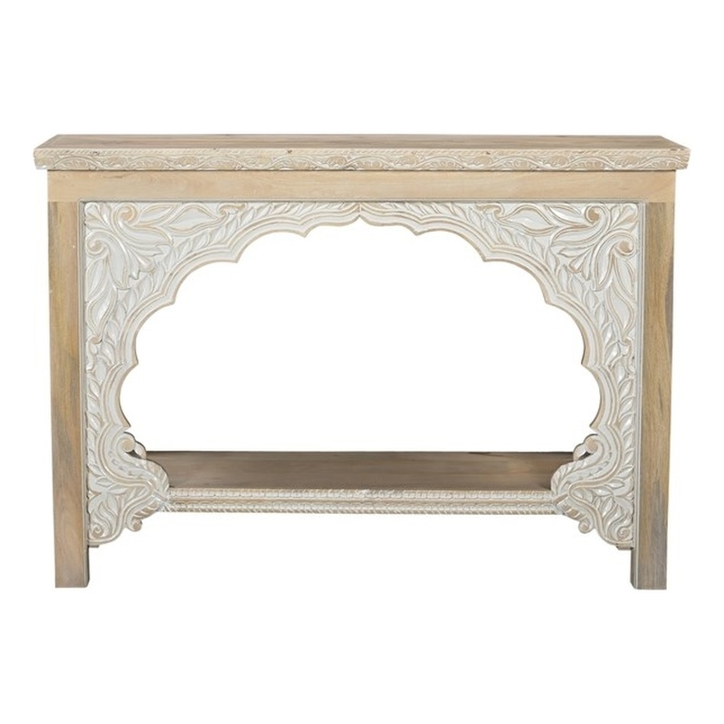 Taran Designs Isabella Carved Solid Wood Console Table in Beige/White