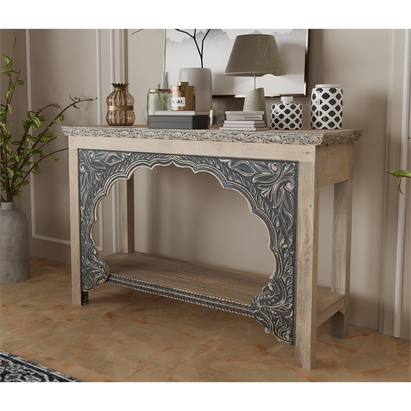 Taran Designs Isabella Carved Solid Wood Console Table in Beige/Black
