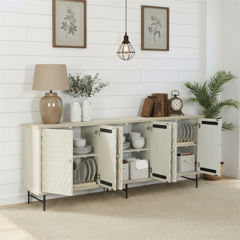 Taran Designs Mason 6-door Geometric Pattern Solid Wood Sideboard in White