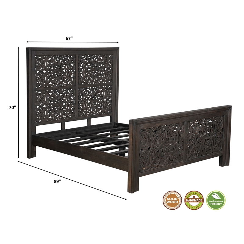 Taran Designs Fillian Floral Carved Solid Wood Queen Panel Bed in Black