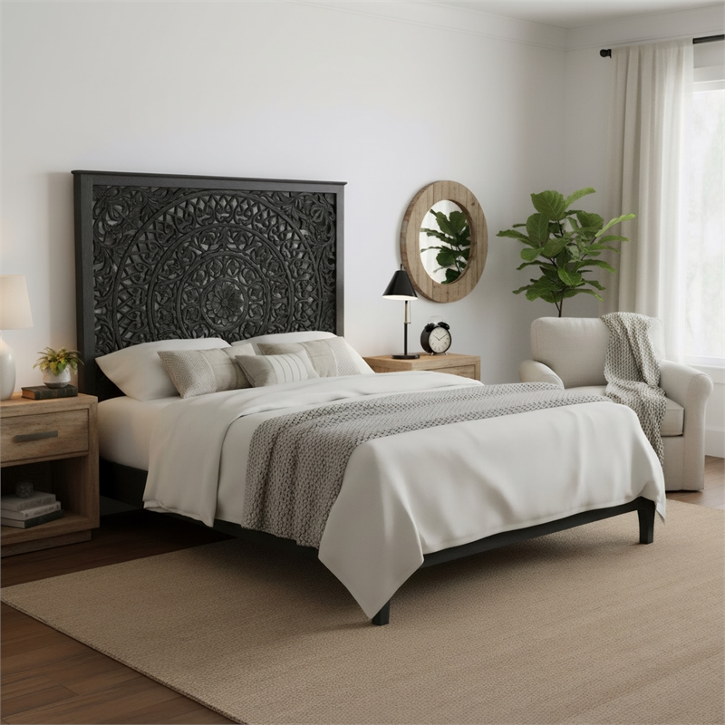 Taran Designs Gianna Floral Carved Solid Wood King Bed in Black
