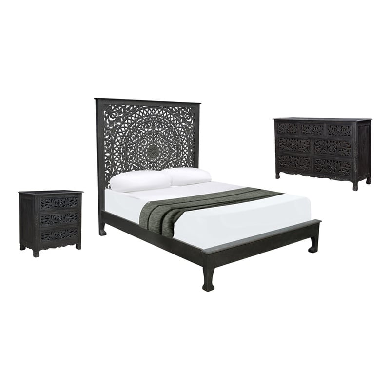 Taran Designs Gianna 3-piece Floral Carved Solid Wood Bedroom Set in Black