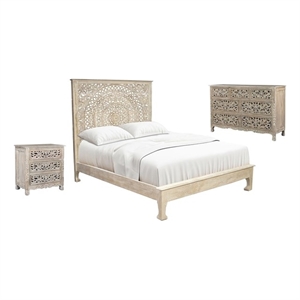 Taran Designs Gianna 3-piece Floral Carved Solid Wood Bedroom Set in Gray