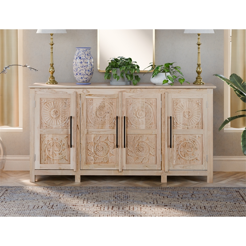 Taran Designs Isabella 4-door Carved Solid Wood Sideboard in Brown