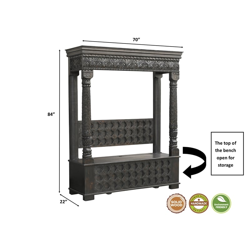 Taran Designs Isabella Carved Solid Wood Hall Tree Bench in Black