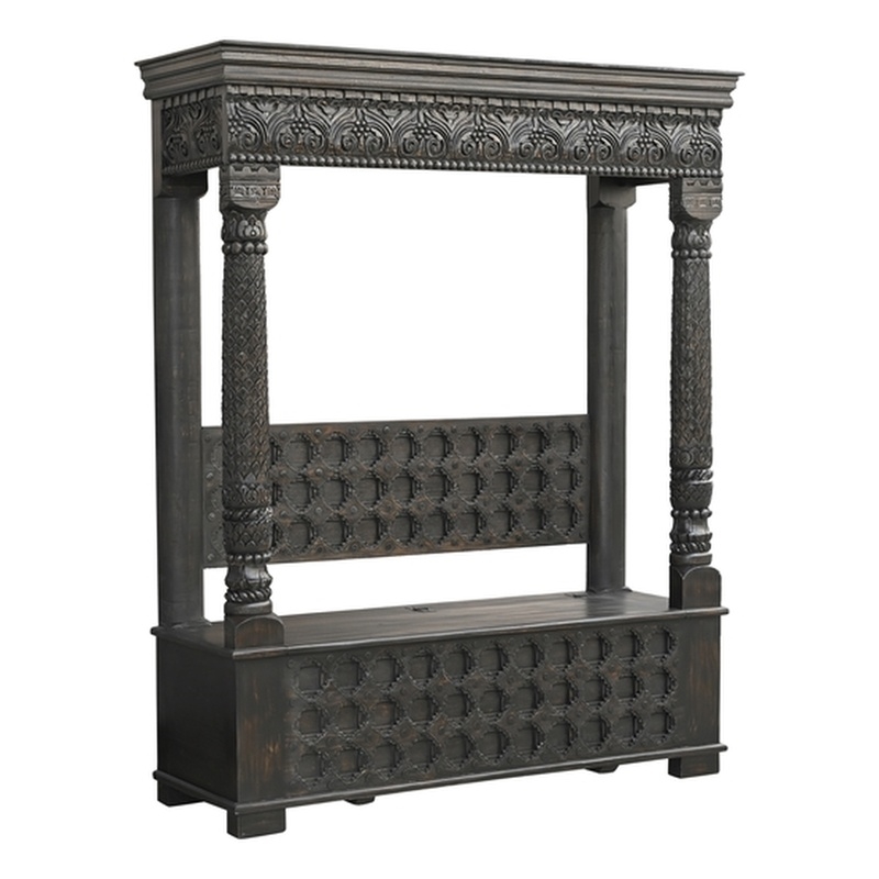Taran Designs Isabella Carved Solid Wood Hall Tree Bench in Black