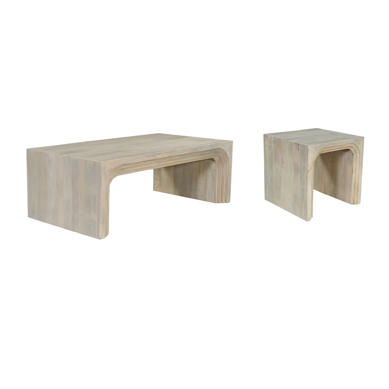 Taran Designs Mason 2-piece Carved Solid Wood Living Room Table Set in White