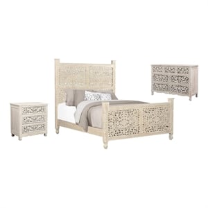 Taran Designs Monte 3-piece Floral Carved Solid Wood Bedroom Set in White