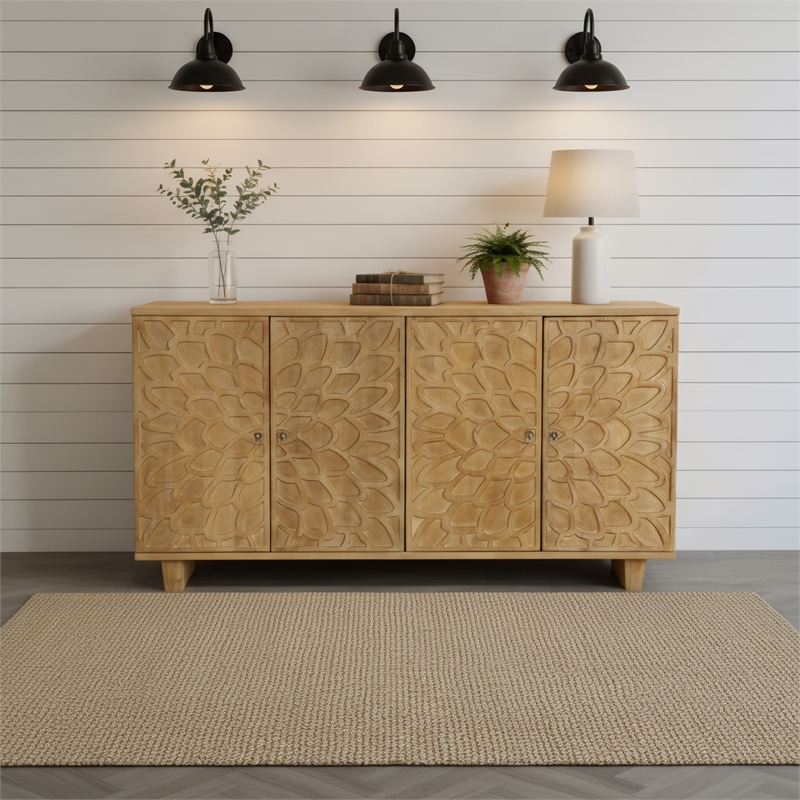 Taran Designs Mason 4-door Carved Solid Wood Sideboard in Brown