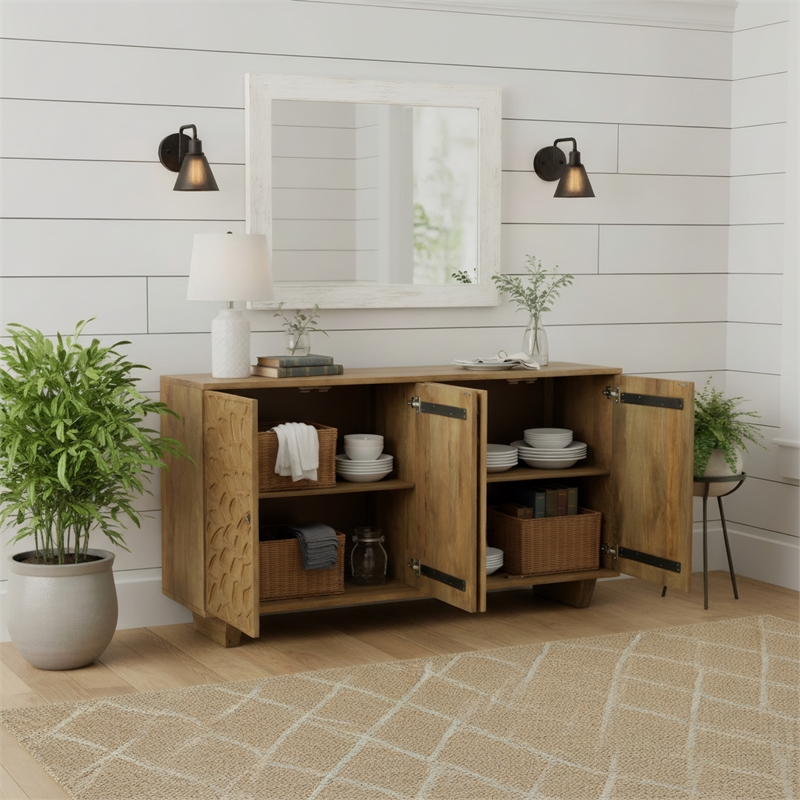 Taran Designs Mason 4-door Carved Solid Wood Sideboard in Brown
