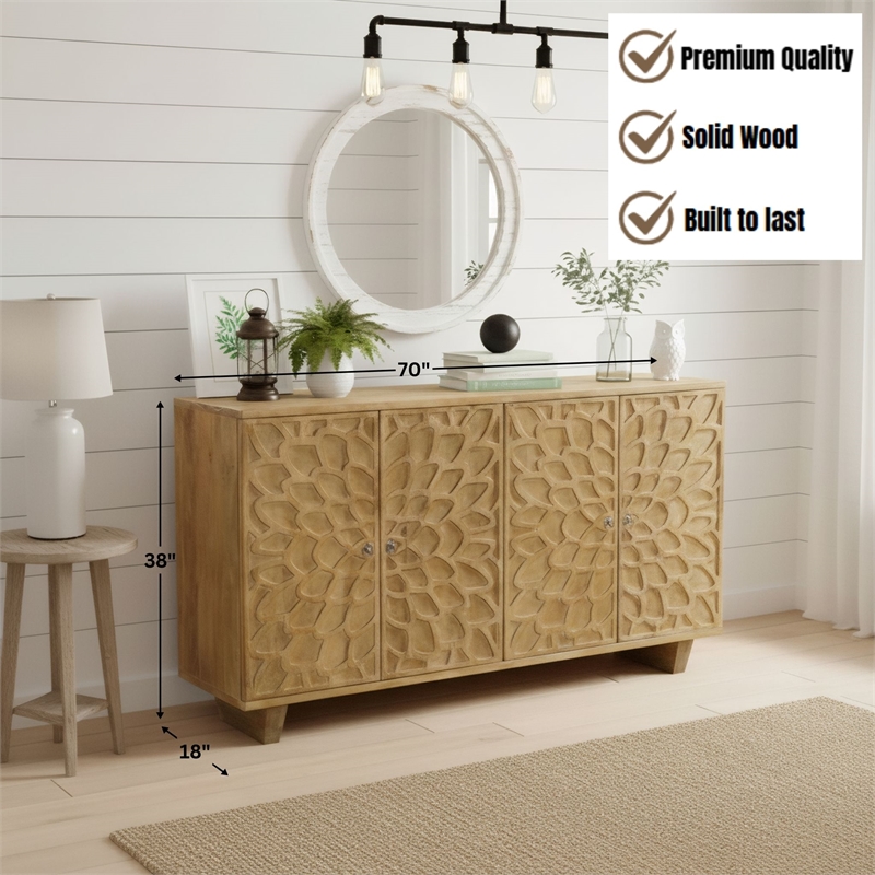 Taran Designs Mason 4-door Carved Solid Wood Sideboard in Brown