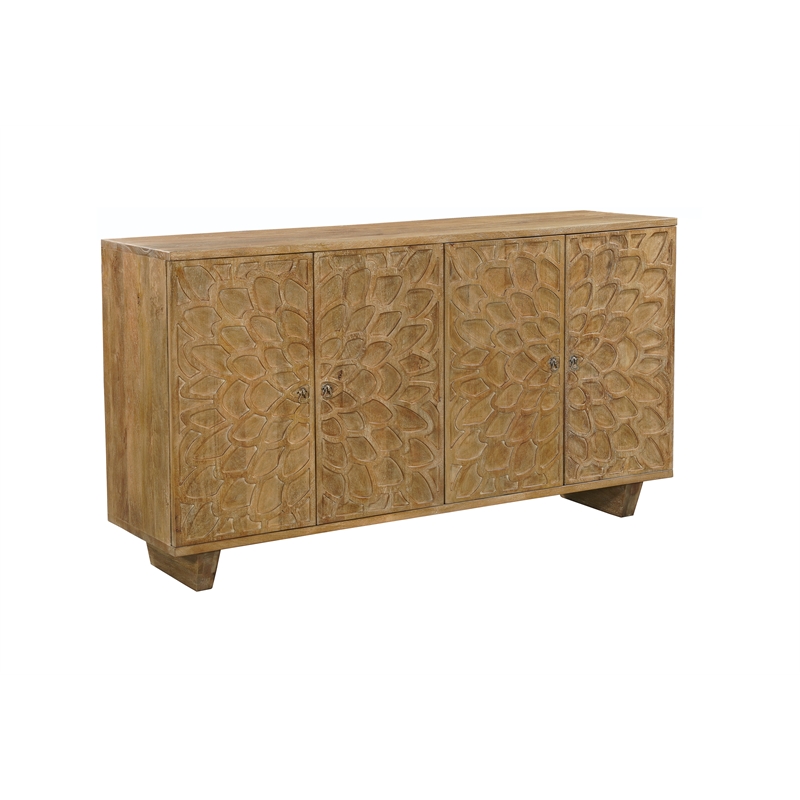 Taran Designs Mason 4-door Carved Solid Wood Sideboard in Brown