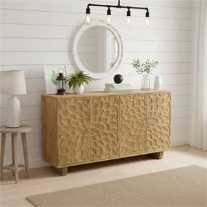 Taran Designs Mason 4-door Carved Solid Wood Sideboard in Brown