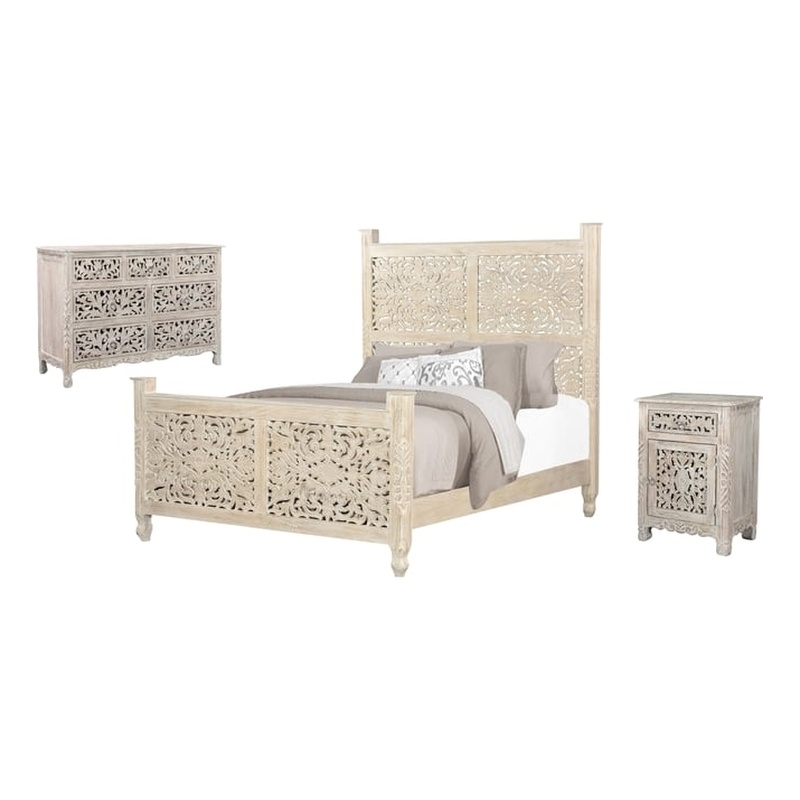 Taran Designs Monte 3-piece Floral Carved Solid Wood Bedroom Set in White