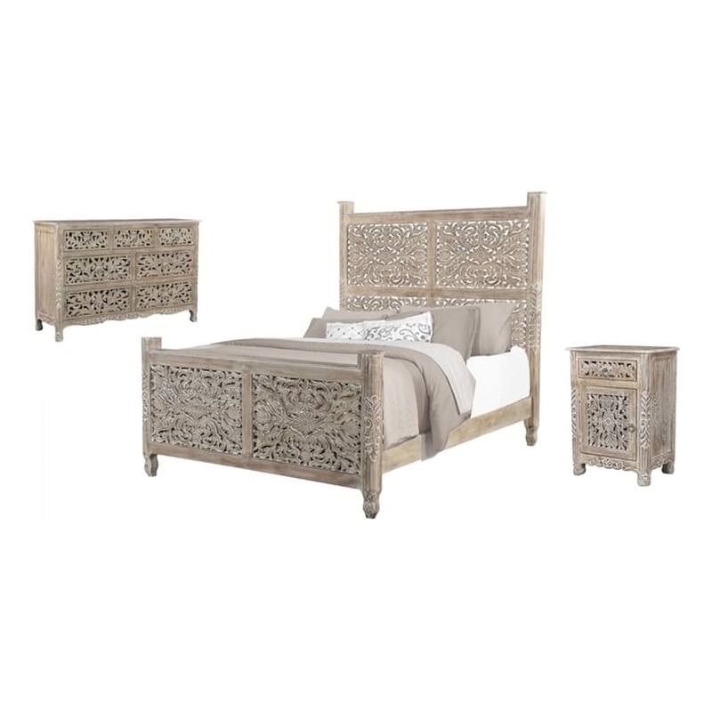 Taran Designs Monte 3-piece Floral Carved Solid Wood Bedroom Set in Gray