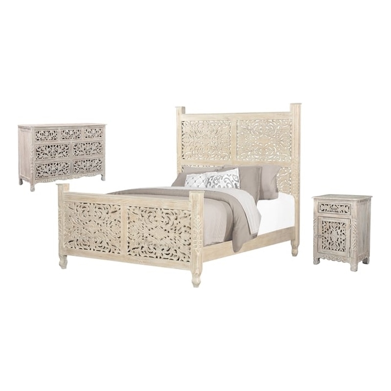 Taran Designs Monte 3-piece Floral Carved Solid Wood Bedroom Set in White