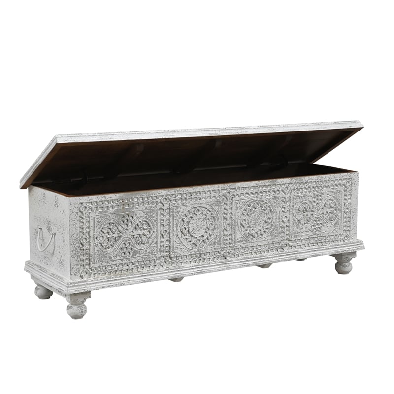 Taran Designs Bailey Carved Solid Wood Storage Ottoman in White