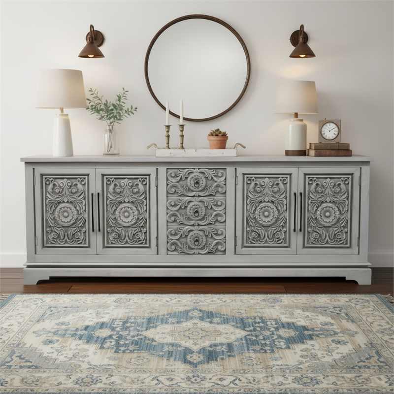 Taran Designs Isabella 3-drawer 4-door Carved Solid Wood Sideboard in Gray