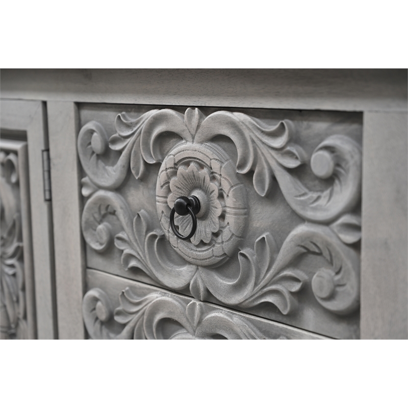 Taran Designs Isabella 3-drawer 4-door Carved Solid Wood Sideboard in Gray