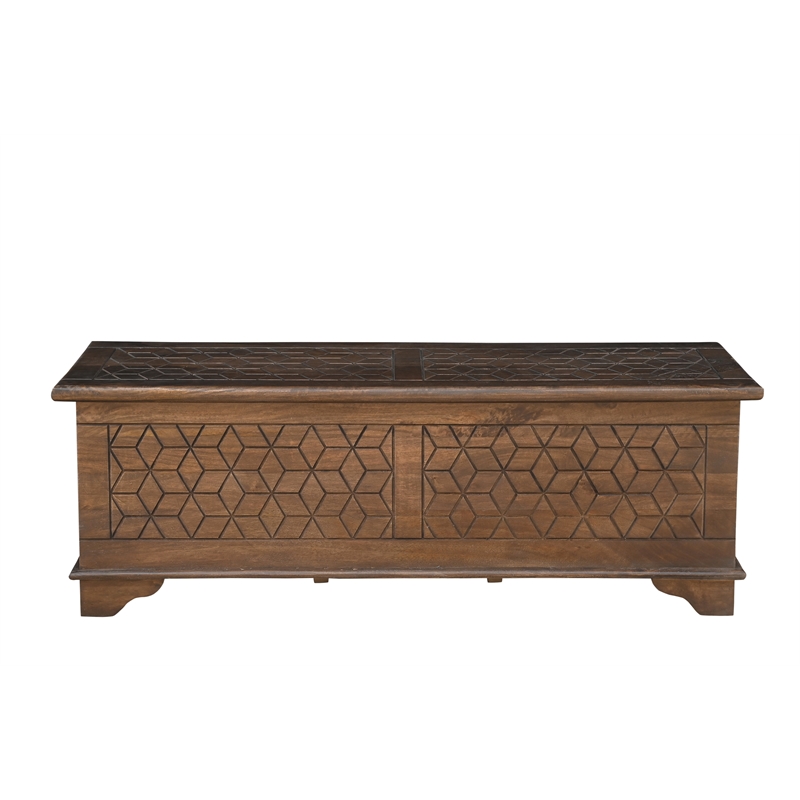 Isabella Brown Solid Wood Storage Ottoman with Geometric Carved Design