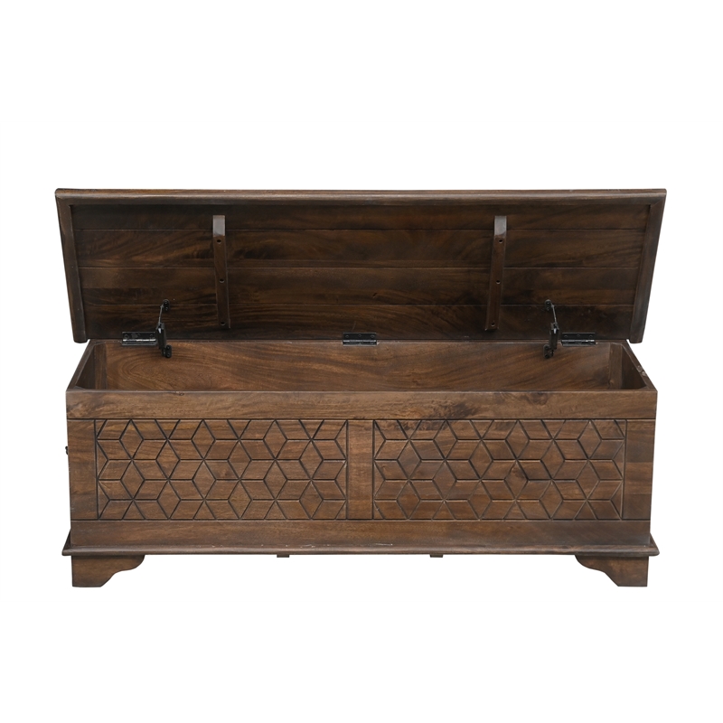Isabella Brown Solid Wood Storage Ottoman with Geometric Carved Design