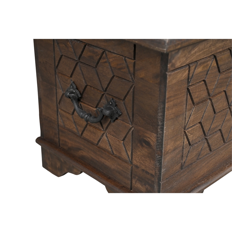 Isabella Brown Solid Wood Storage Ottoman with Geometric Carved Design