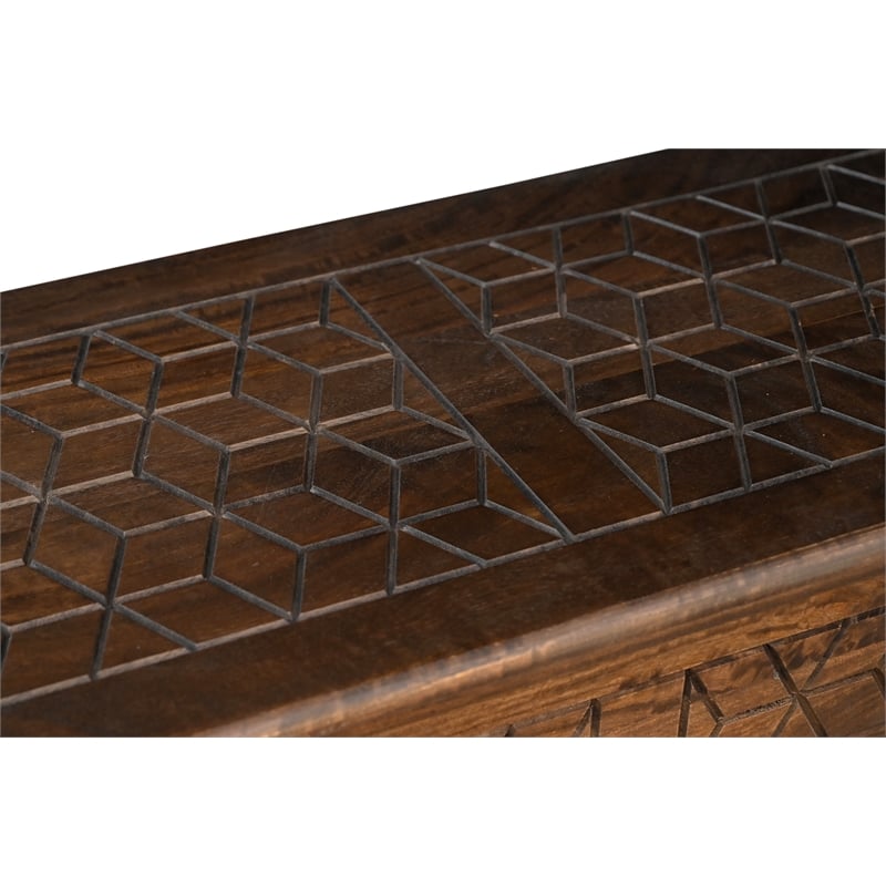 Isabella Brown Solid Wood Storage Ottoman with Geometric Carved Design