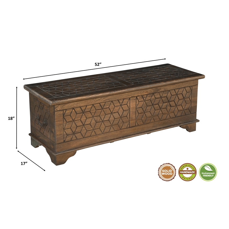Isabella Brown Solid Wood Storage Ottoman with Geometric Carved Design
