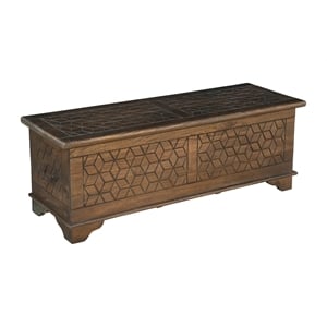 Isabella Brown Solid Wood Storage Ottoman with Geometric Carved Design