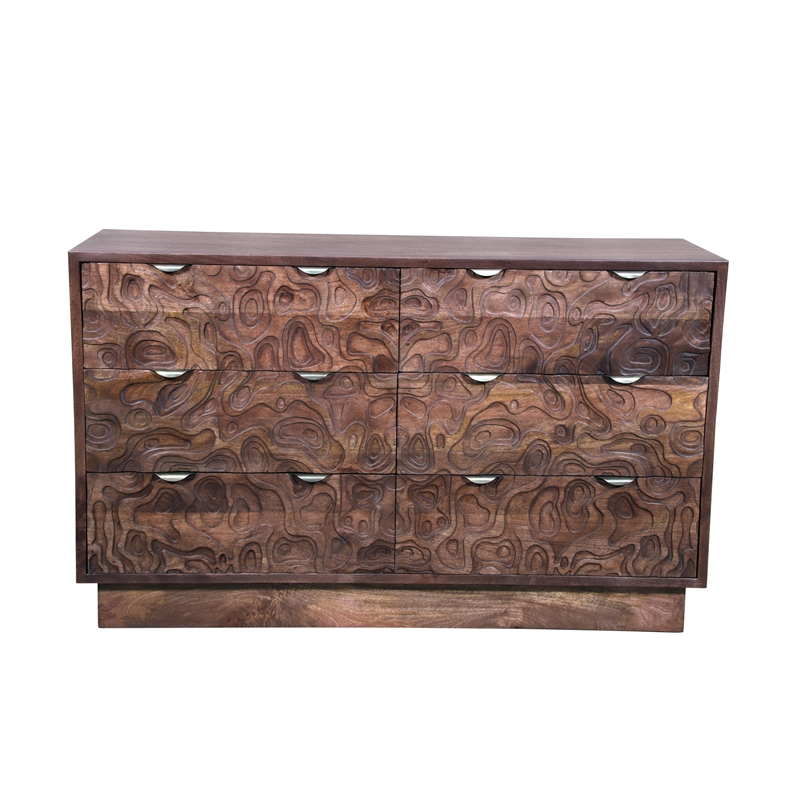 Carved and Handcrafted Solid Wood Dresser with 6 Drawers in Brown