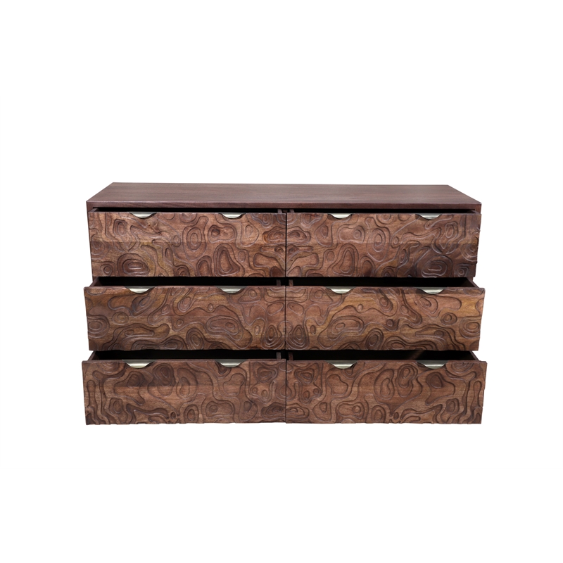 Carved and Handcrafted Solid Wood Dresser with 6 Drawers in Brown