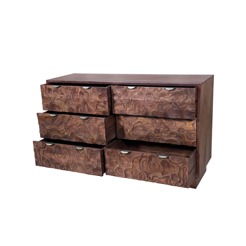 Carved and Handcrafted Solid Wood Dresser with 6 Drawers in Brown