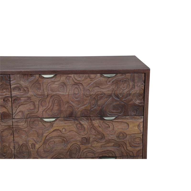 Carved and Handcrafted Solid Wood Dresser with 6 Drawers in Brown