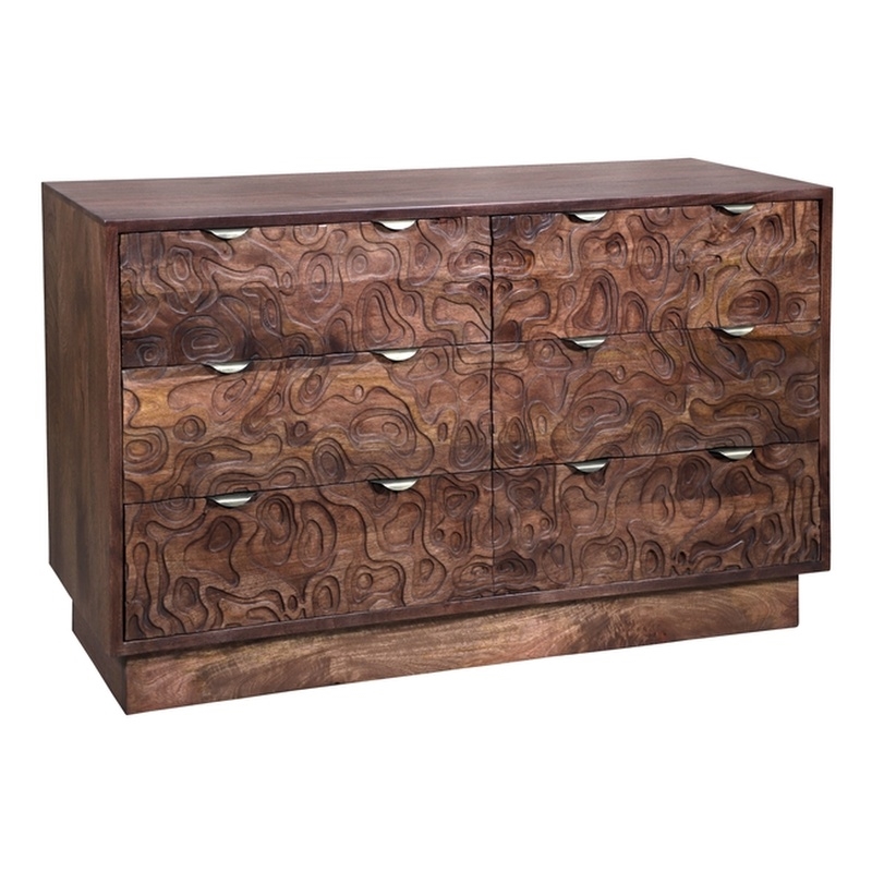 Carved and Handcrafted Solid Wood Dresser with 6 Drawers in Brown
