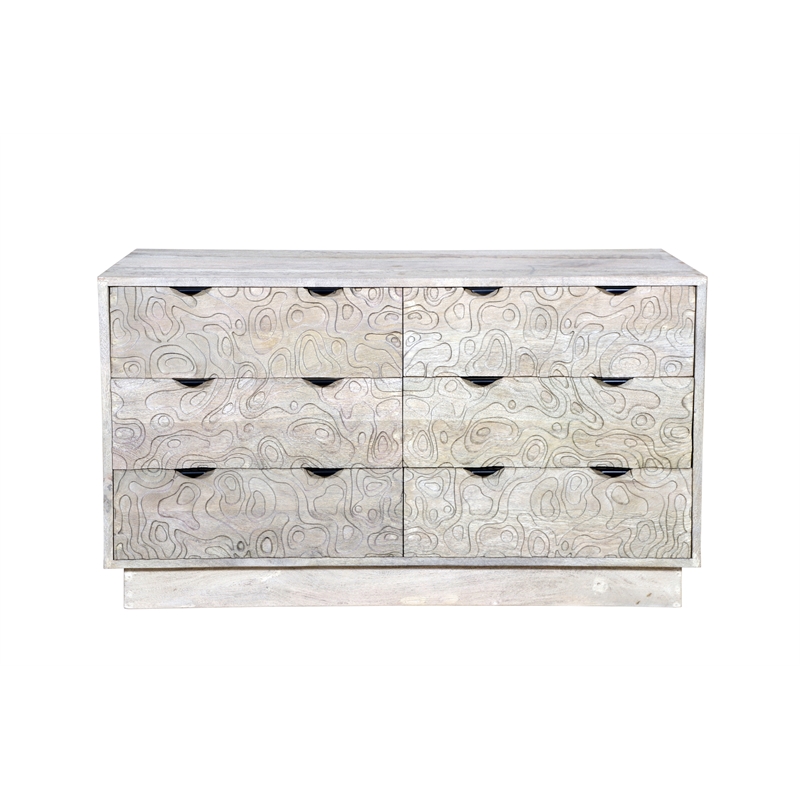 Carved and Handcrafted Solid Wood Dresser with 6 Drawers in Gray