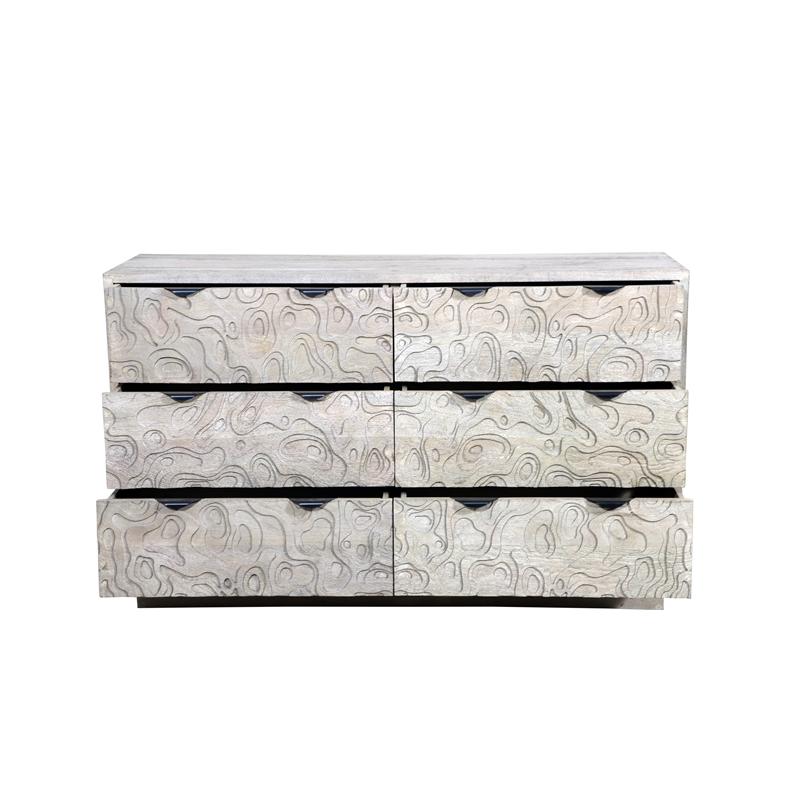 Carved and Handcrafted Solid Wood Dresser with 6 Drawers in Gray