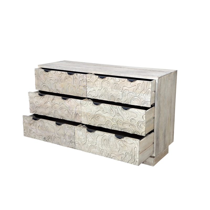 Carved and Handcrafted Solid Wood Dresser with 6 Drawers in Gray