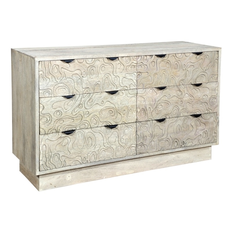 Carved and Handcrafted Solid Wood Dresser with 6 Drawers in Gray