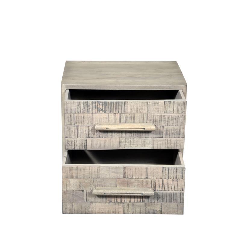 Modern Carved Solid Wood Nightstand with 2 Drawers in Gray Wash