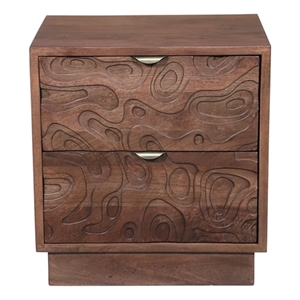 Modern Carved Solid Wood Nightstand with 2 Drawers in Dark Brown