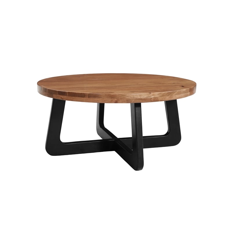 Mason Round Solid Wood Coffee Table with Brown Top and Black Metal Base