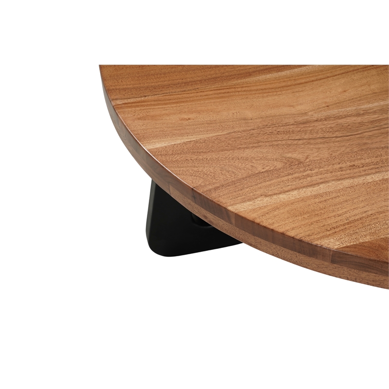 Mason Round Solid Wood Coffee Table with Brown Top and Black Metal Base