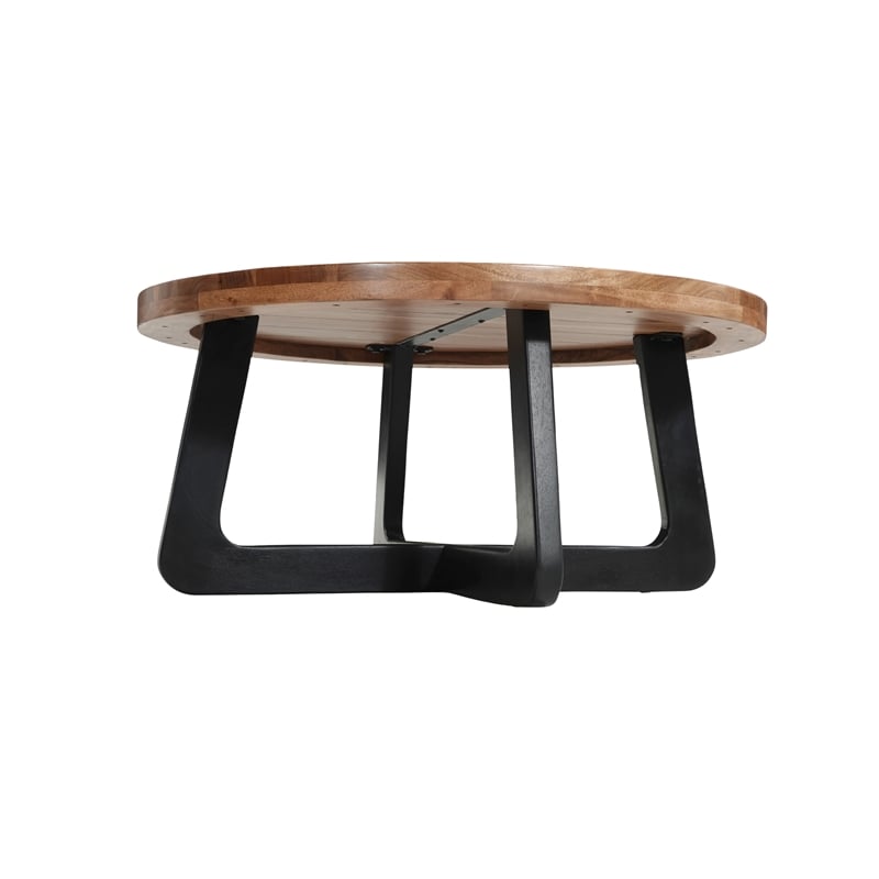 Mason Round Solid Wood Coffee Table with Brown Top and Black Metal Base