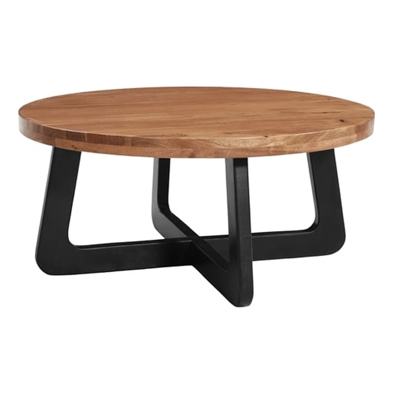 Mason Round Solid Wood Coffee Table with Brown Top and Black Metal Base
