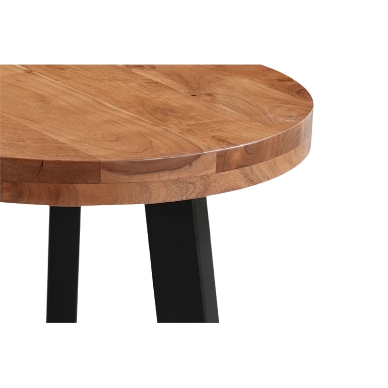 Mason Round Solid Wood End Table with Brown Top and Black Metal Base