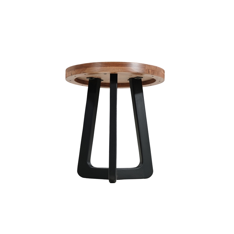 Mason Round Solid Wood End Table with Brown Top and Black Metal Base