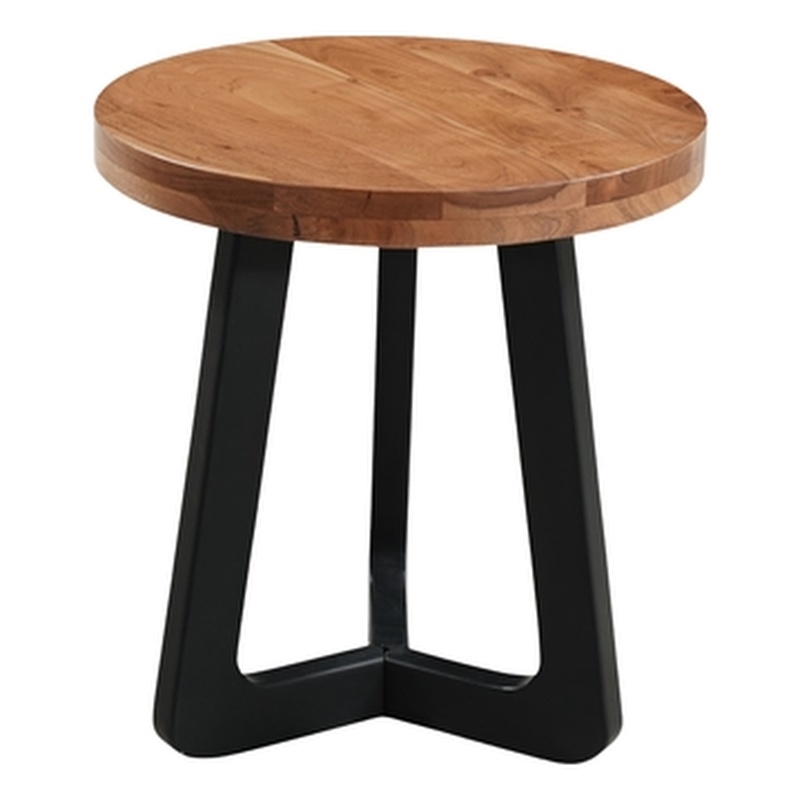 Mason Round Solid Wood End Table with Brown Top and Black Metal Base